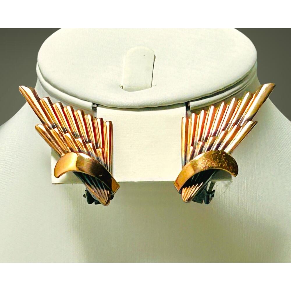 Vintage Copper Earrings Clip On Art Deco Statement Modern Wings Geometric